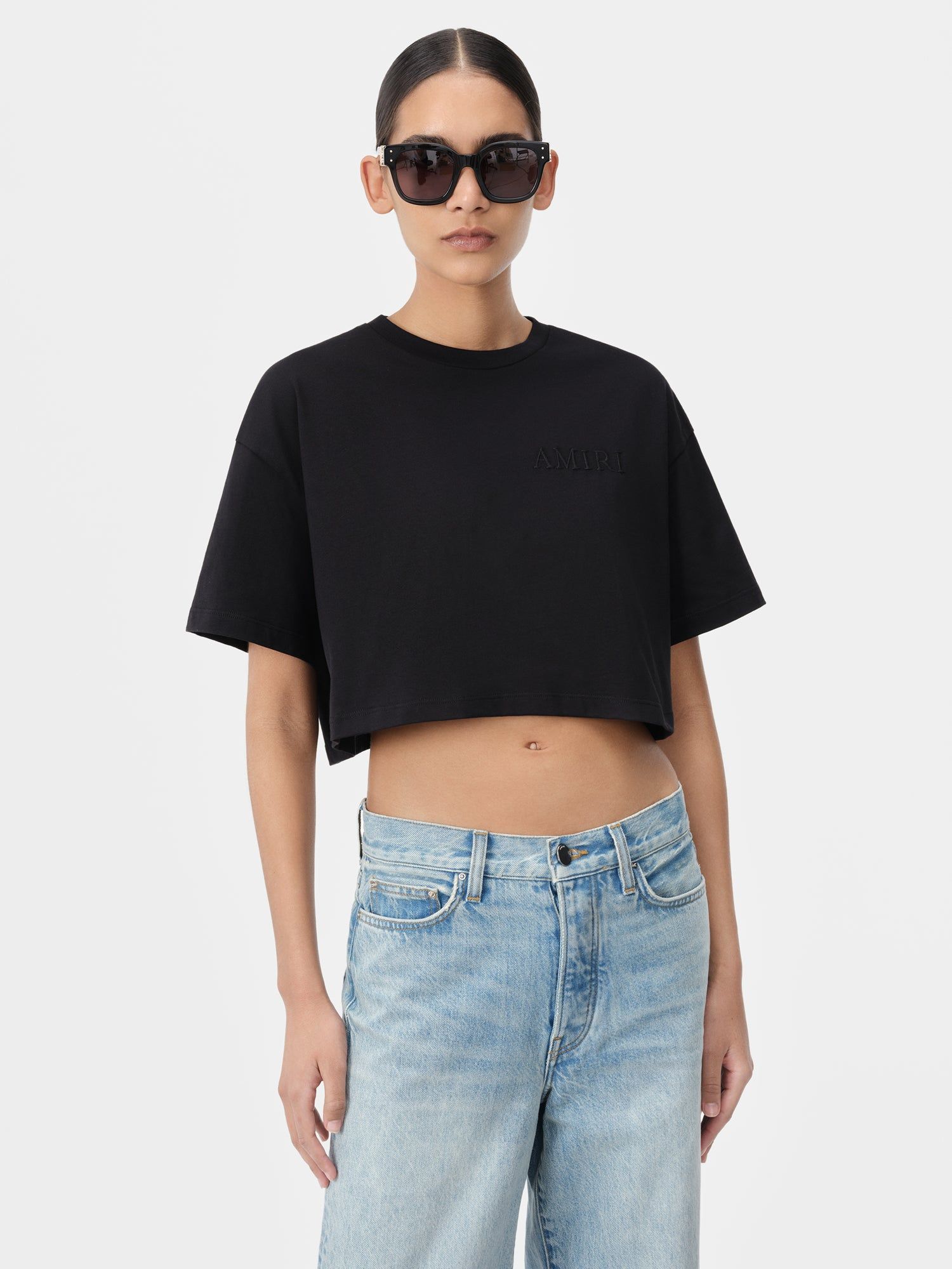 Camiseta Amiri Embroidered Cropped Tee Mujer Negros | DSOZUG-349