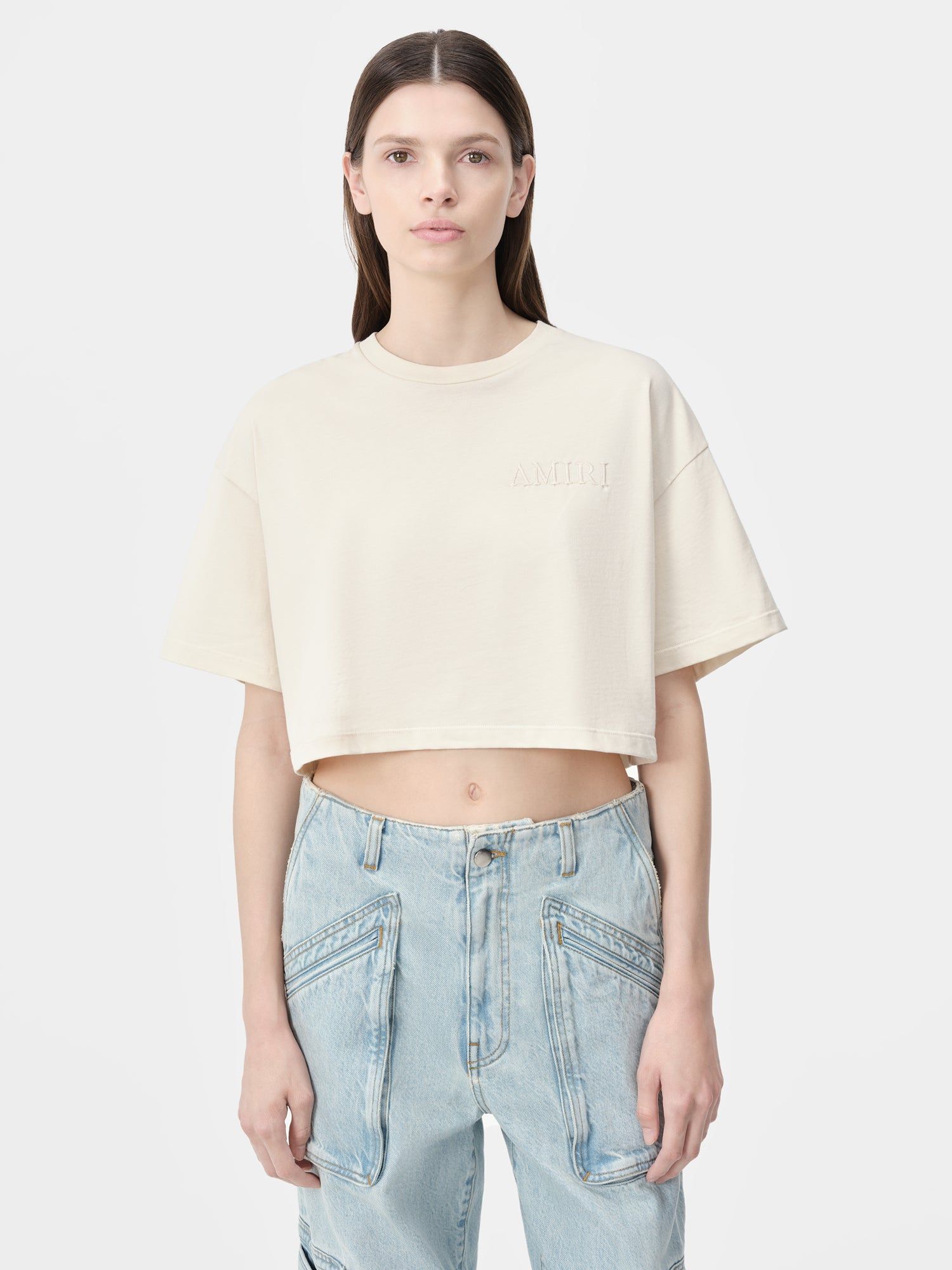 Camiseta Amiri Embroidered Cropped Tee Mujer Alabaster | SJOMHR-973