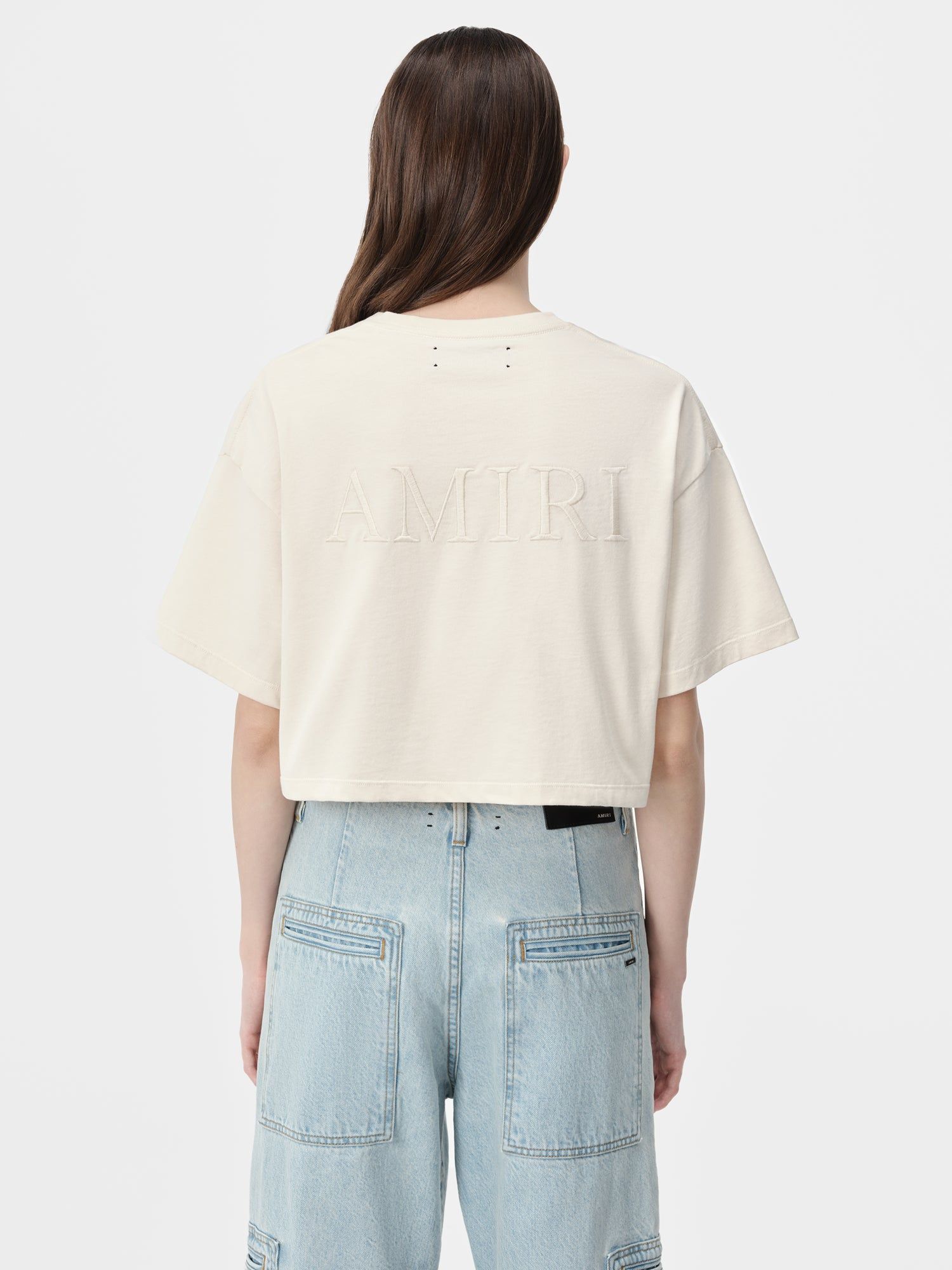 Camiseta Amiri Embroidered Cropped Tee Mujer Alabaster | SJOMHR-973