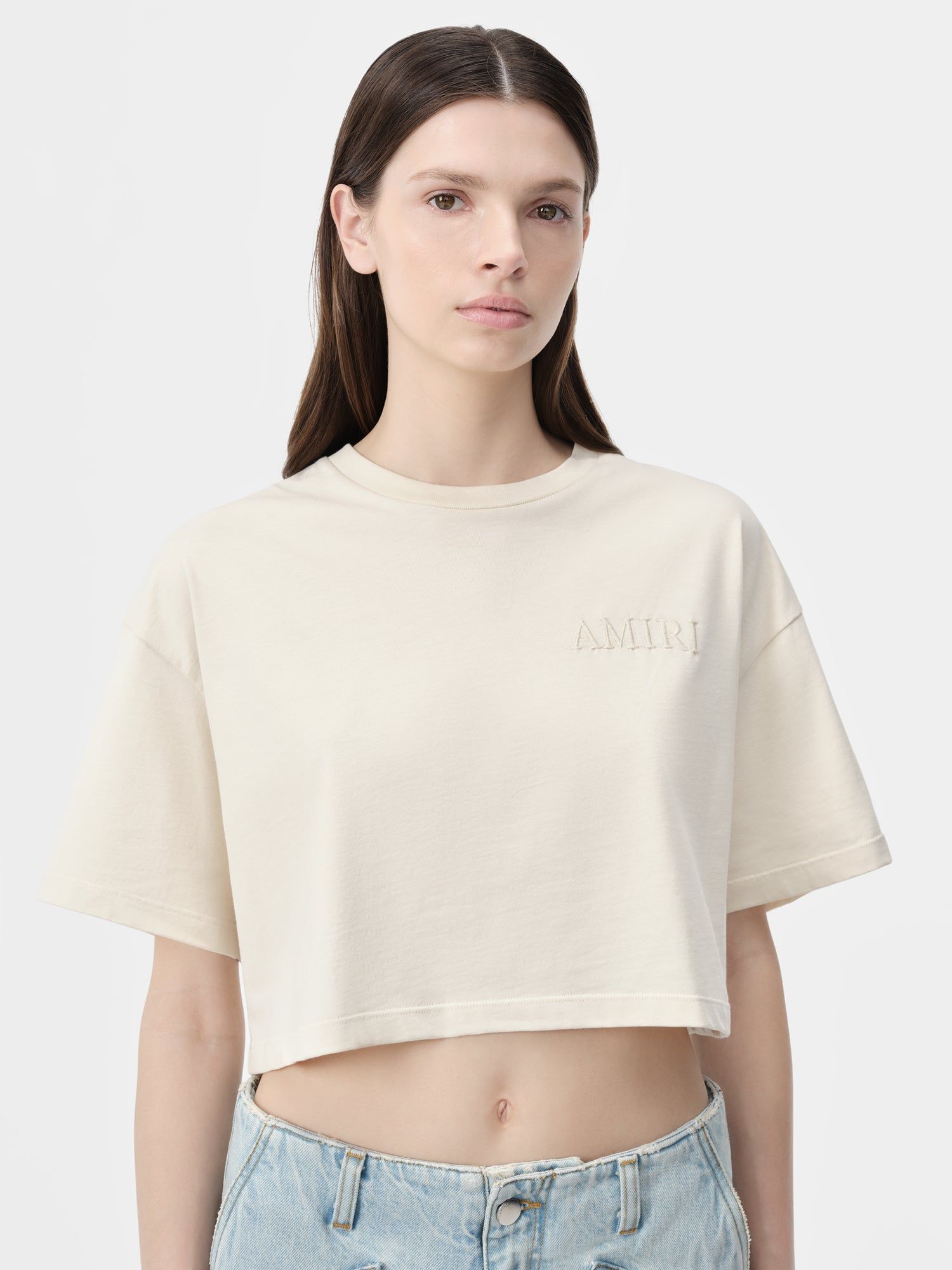 Camiseta Amiri Embroidered Cropped Tee Mujer Alabaster | SJOMHR-973