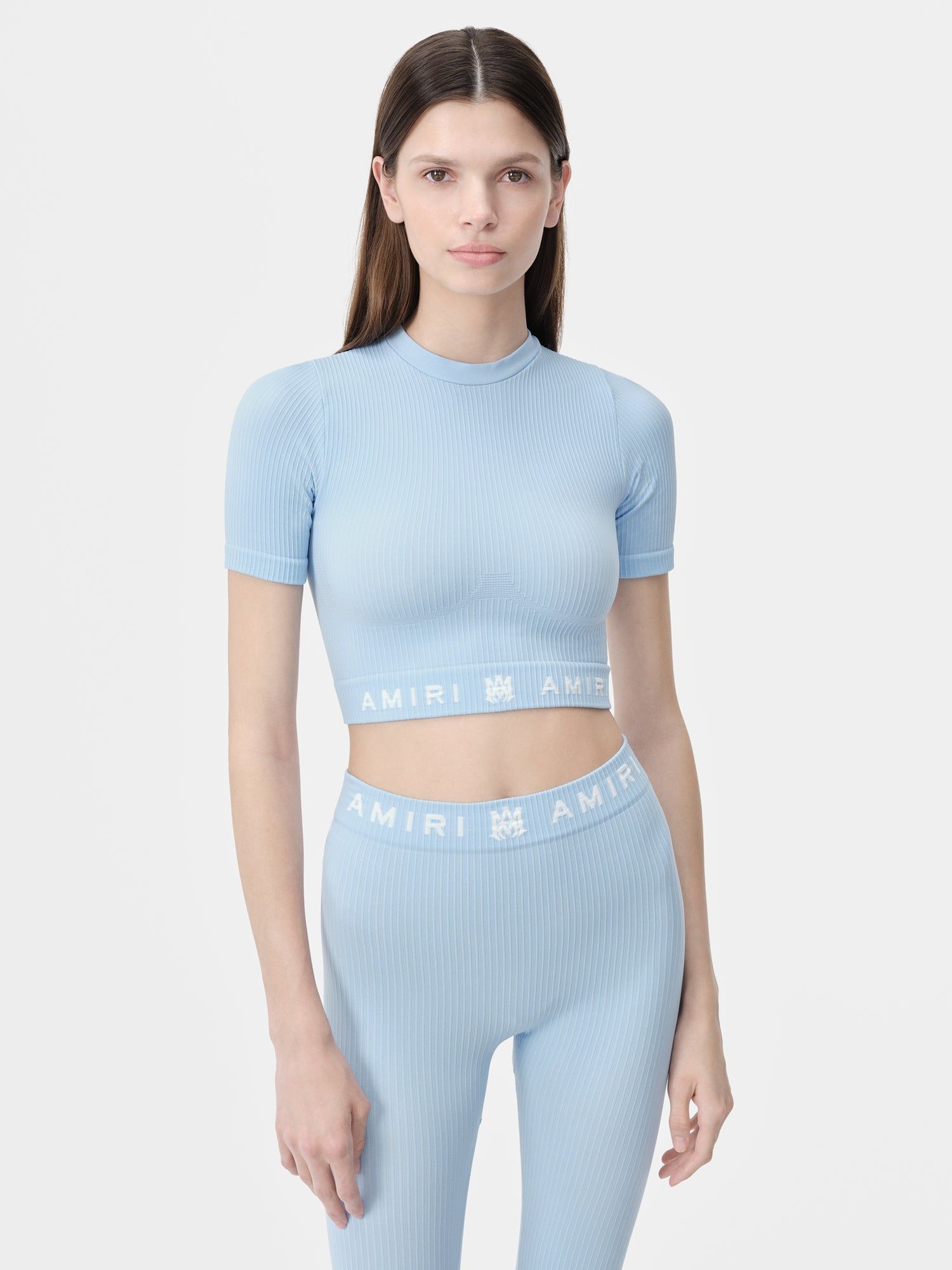 Ropa Deportiva Amiri Ma Ribbed Seamless S/S Top Mujer Cerulean | IBJOGM-785