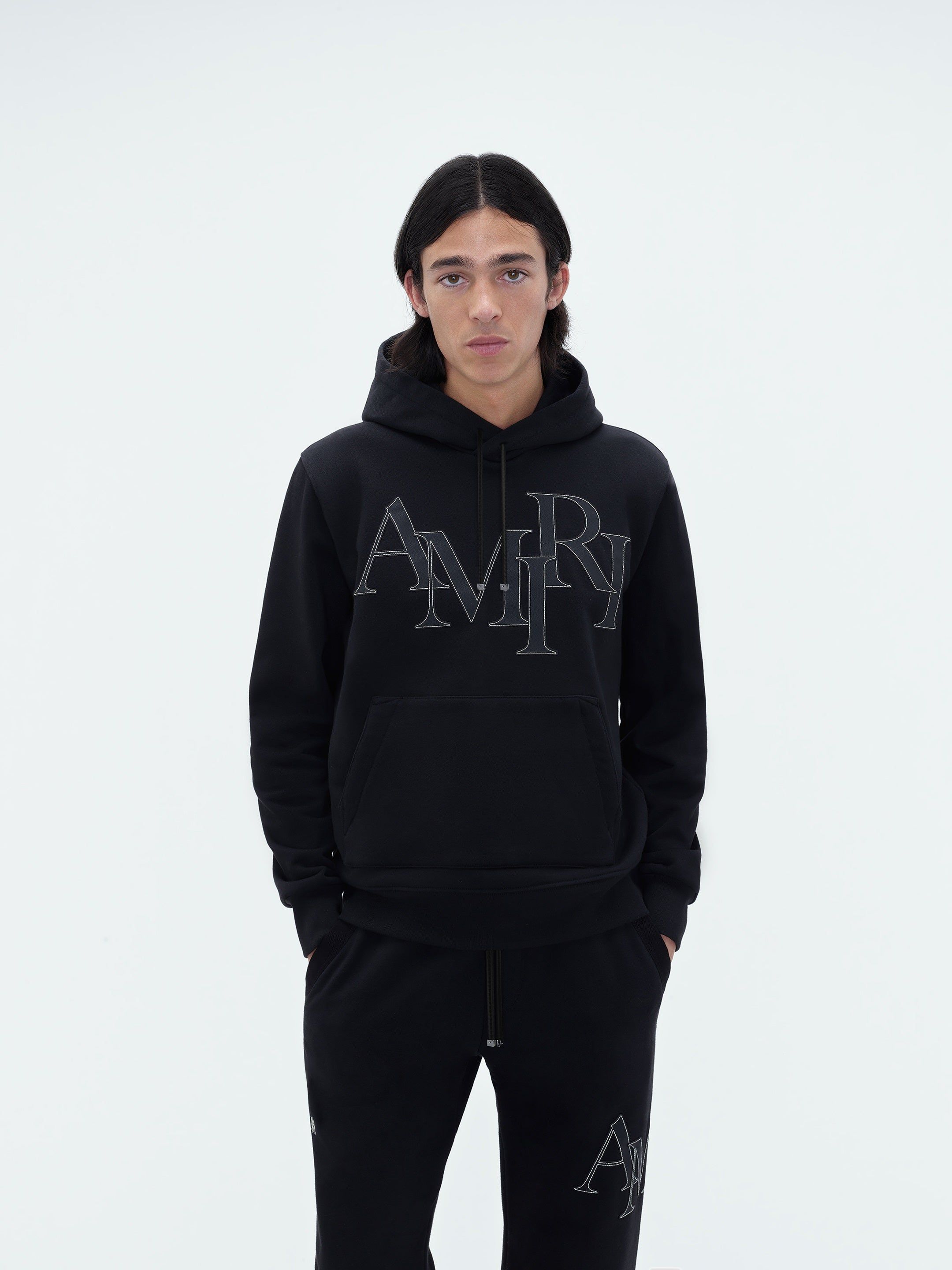 Sudaderas Amiri Staggered Logo Hoodie Hombre Negros | PZUFOW-175